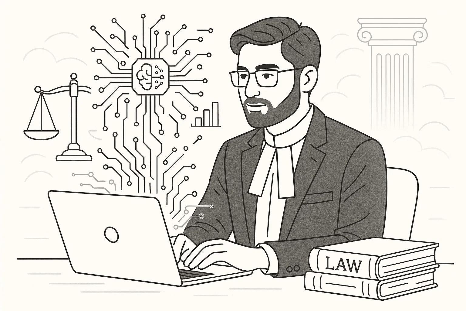 Illustration of a lawyer using artificial intelligence tools for legal research and drafting in a modern courtroom setting